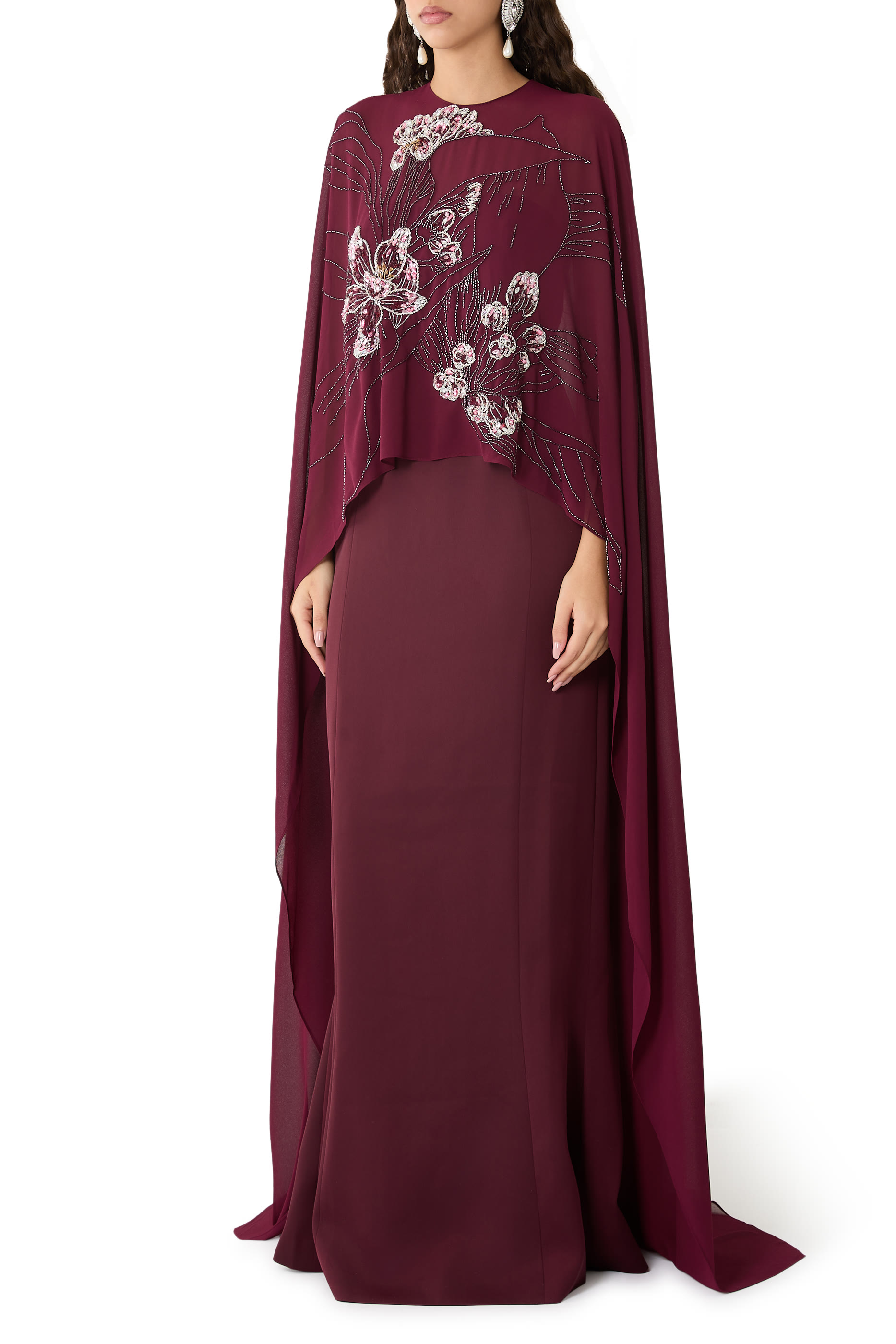 Cape Sleeve Embroidered Gown