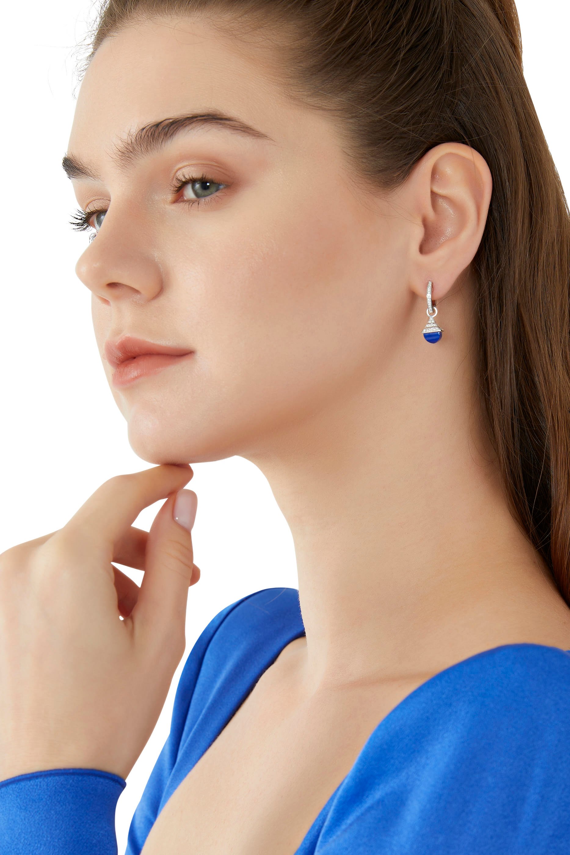 Cleo Mini Rev Drop Earrings, 18k White Gold Lapis Lazuli & Diamonds