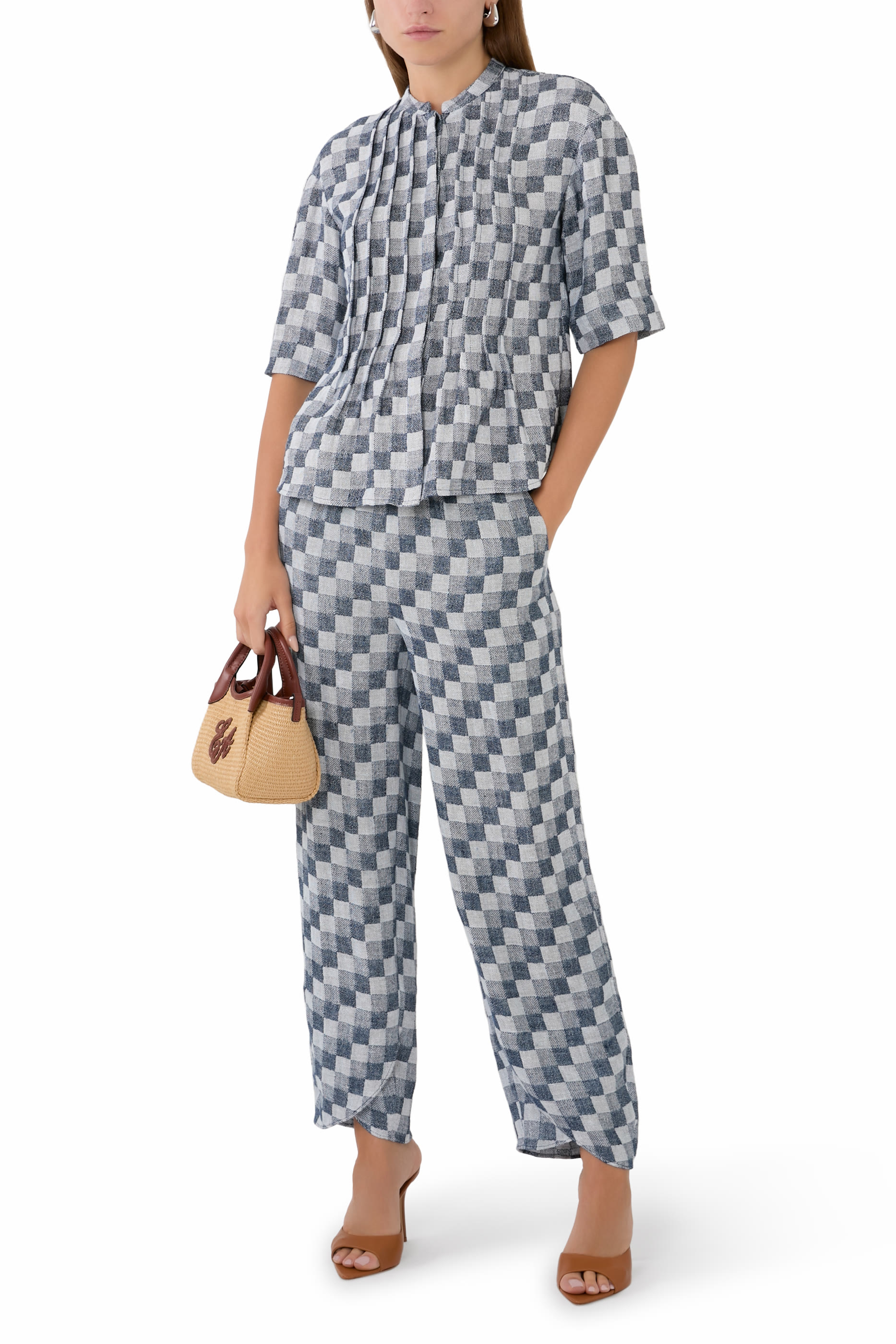 Check Pattern Linen Gauze Wide Trousers