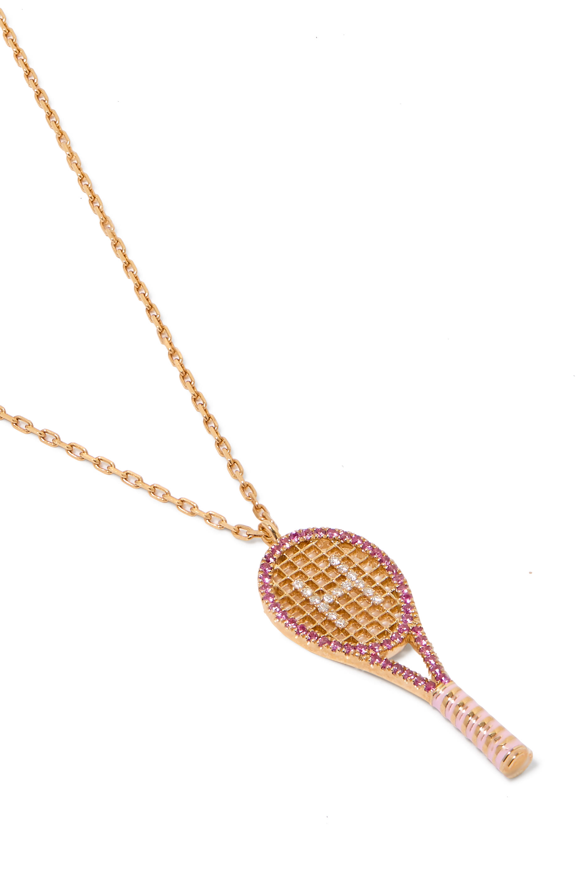 Letter 'H' Tennis Racket Necklace, 18K Yellow Gold with Diamonds & Sapphires