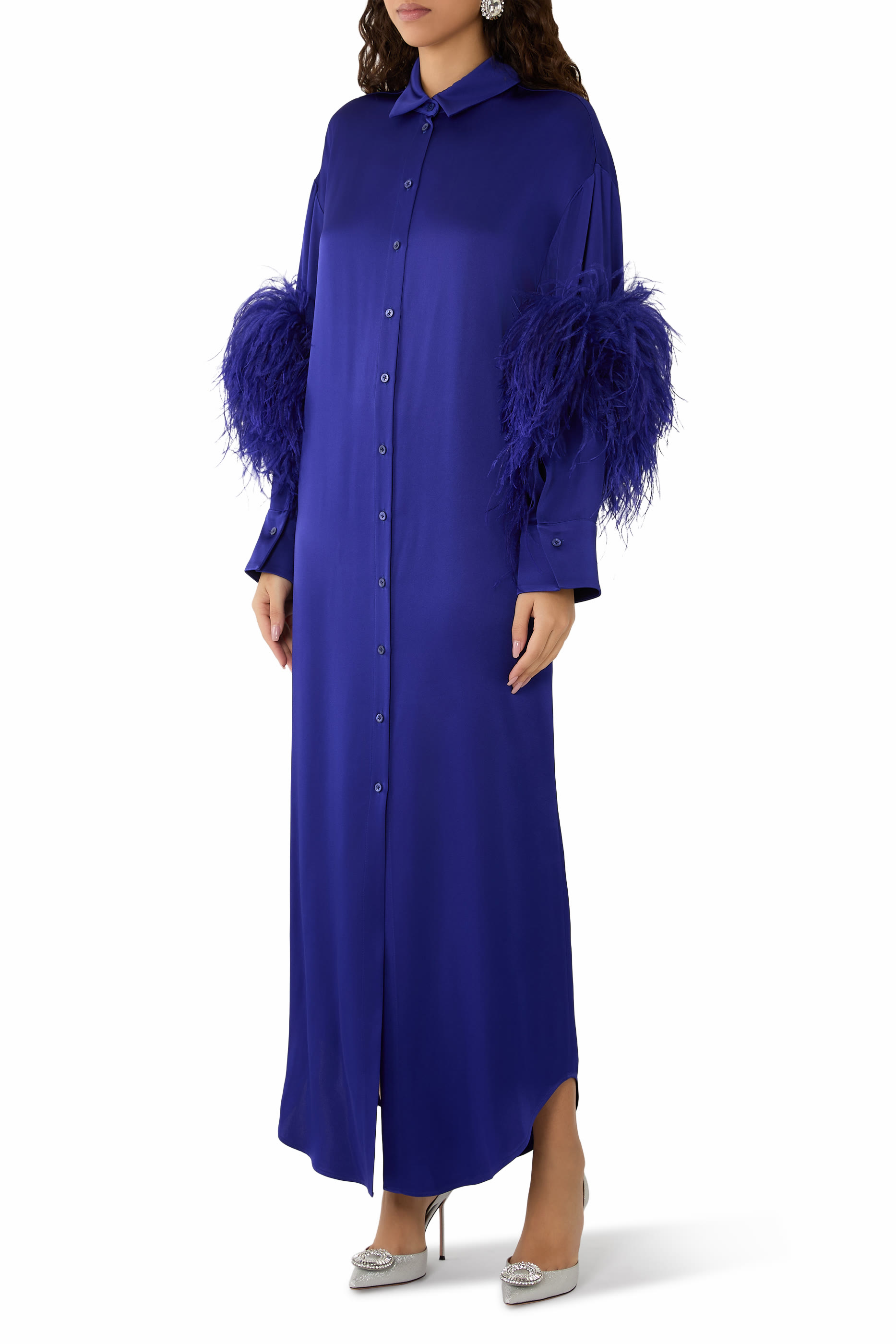 Satin Long Button Down Dress with Feathers
