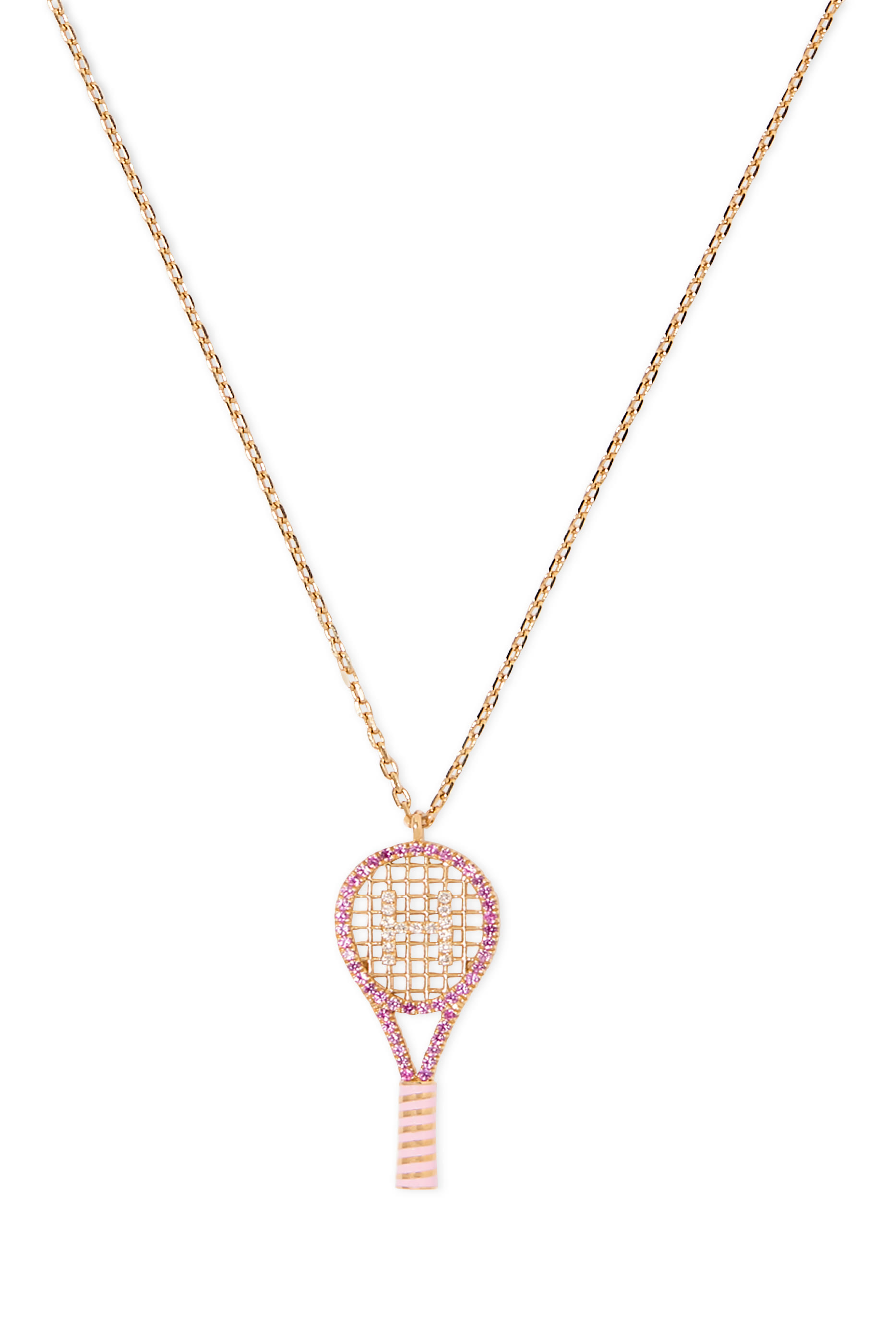 Letter 'H' Tennis Racket Necklace, 18K Yellow Gold with Diamonds & Sapphires