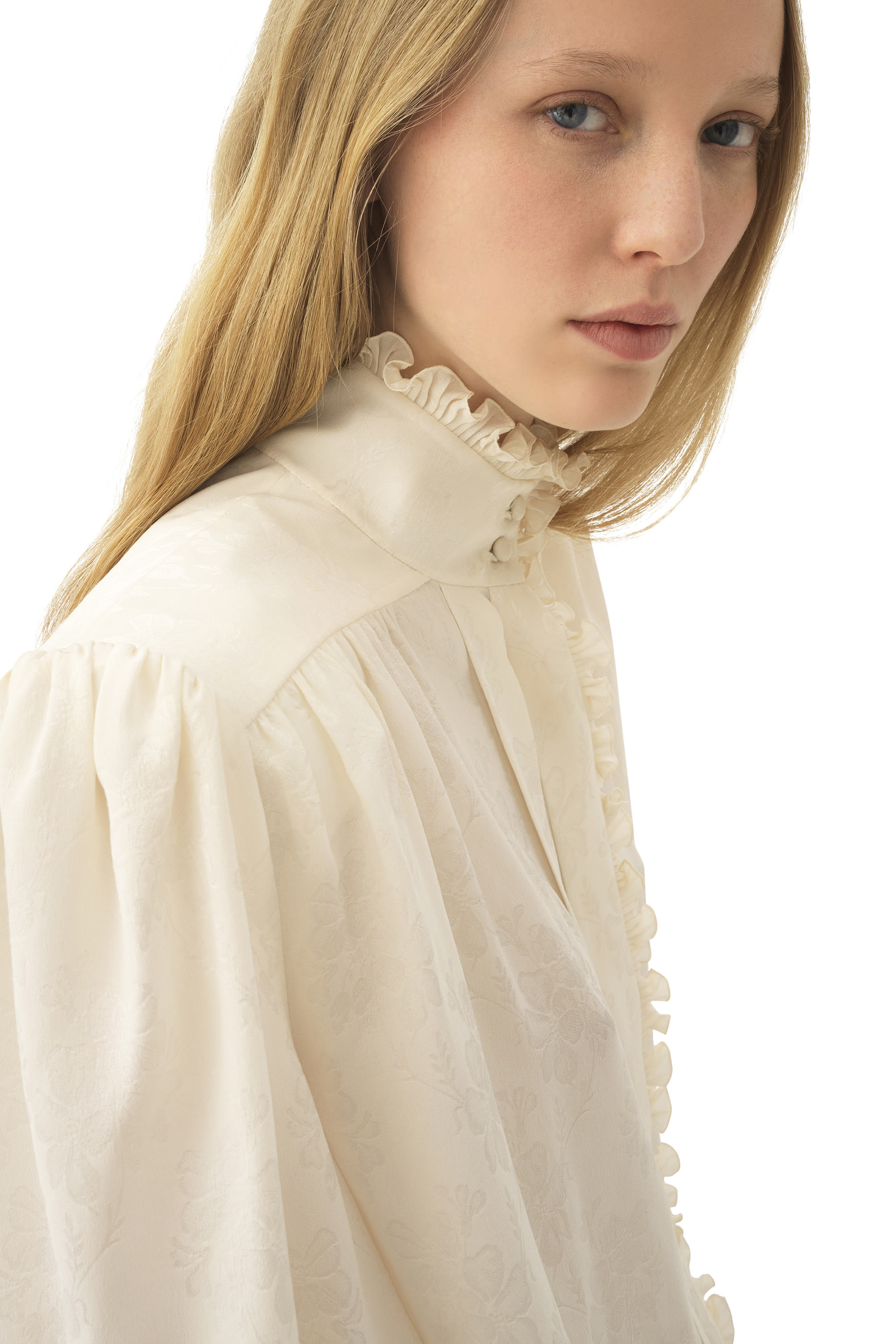 Oversized Ruffled Blouse in Silk Jacquard