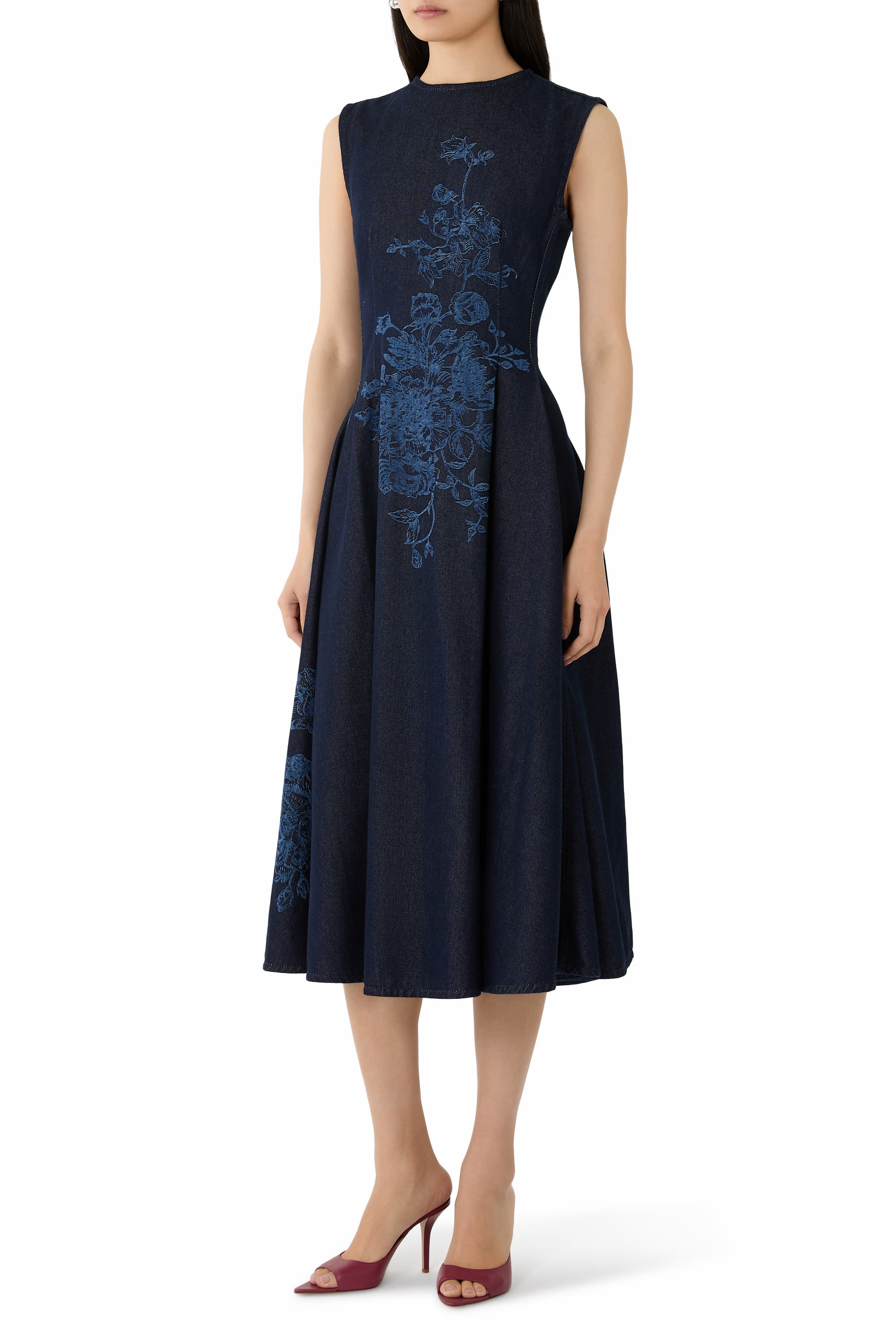 Flower Motif Denim Sleeveless Midi Dress