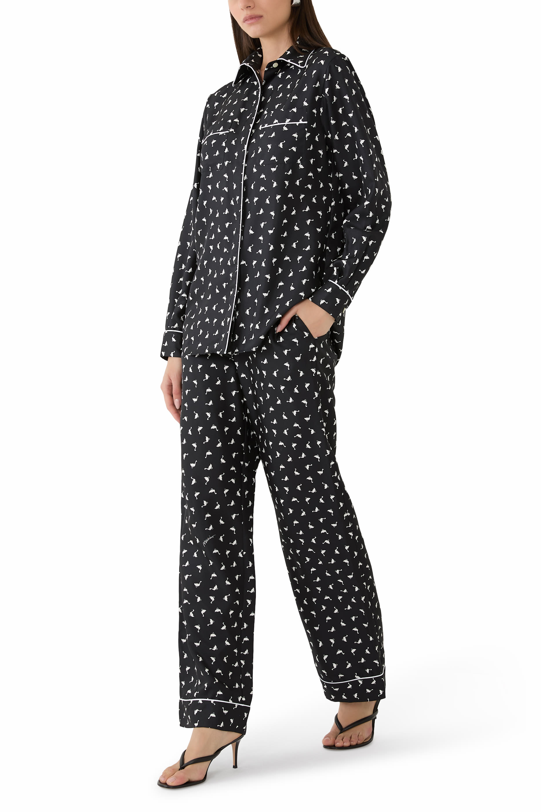 All-Over Mini Goose Printed Silk Trousers
