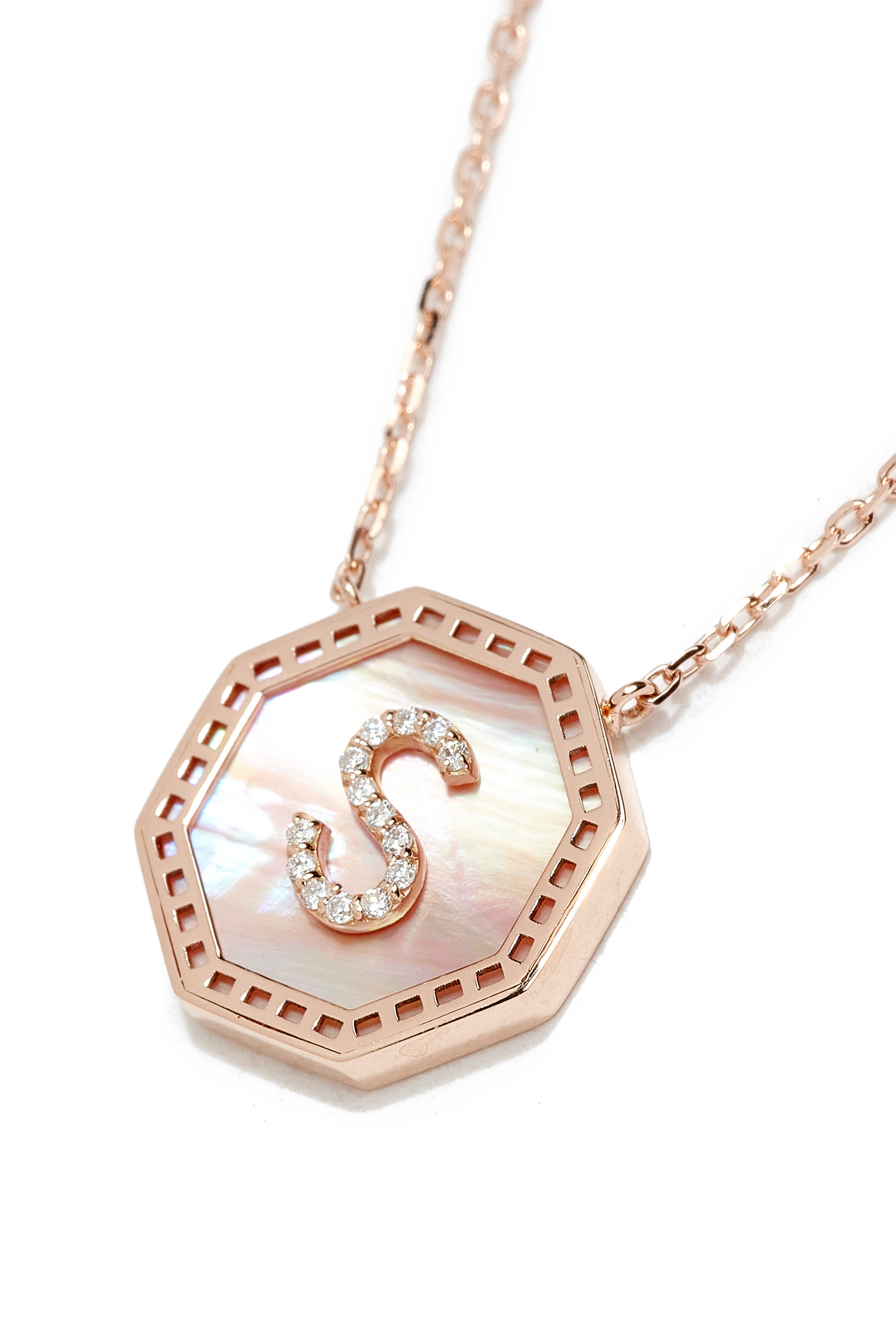  Harf Turath Letter A Pendant Necklace, 18k Rose Gold, Diamonds & Mother of Pearl