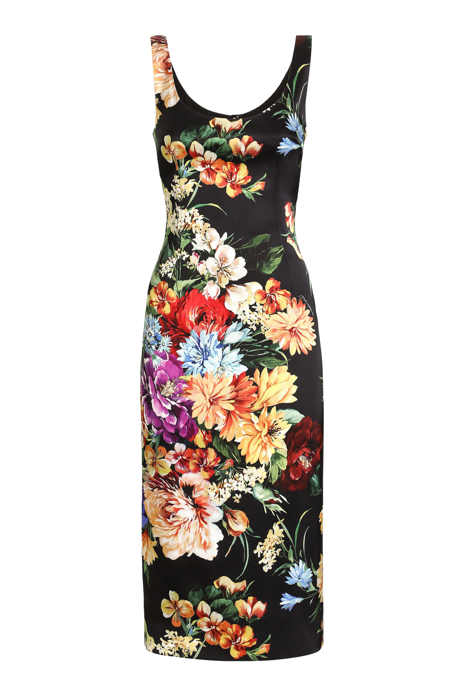 Floral-Print Fitted Satin Dress