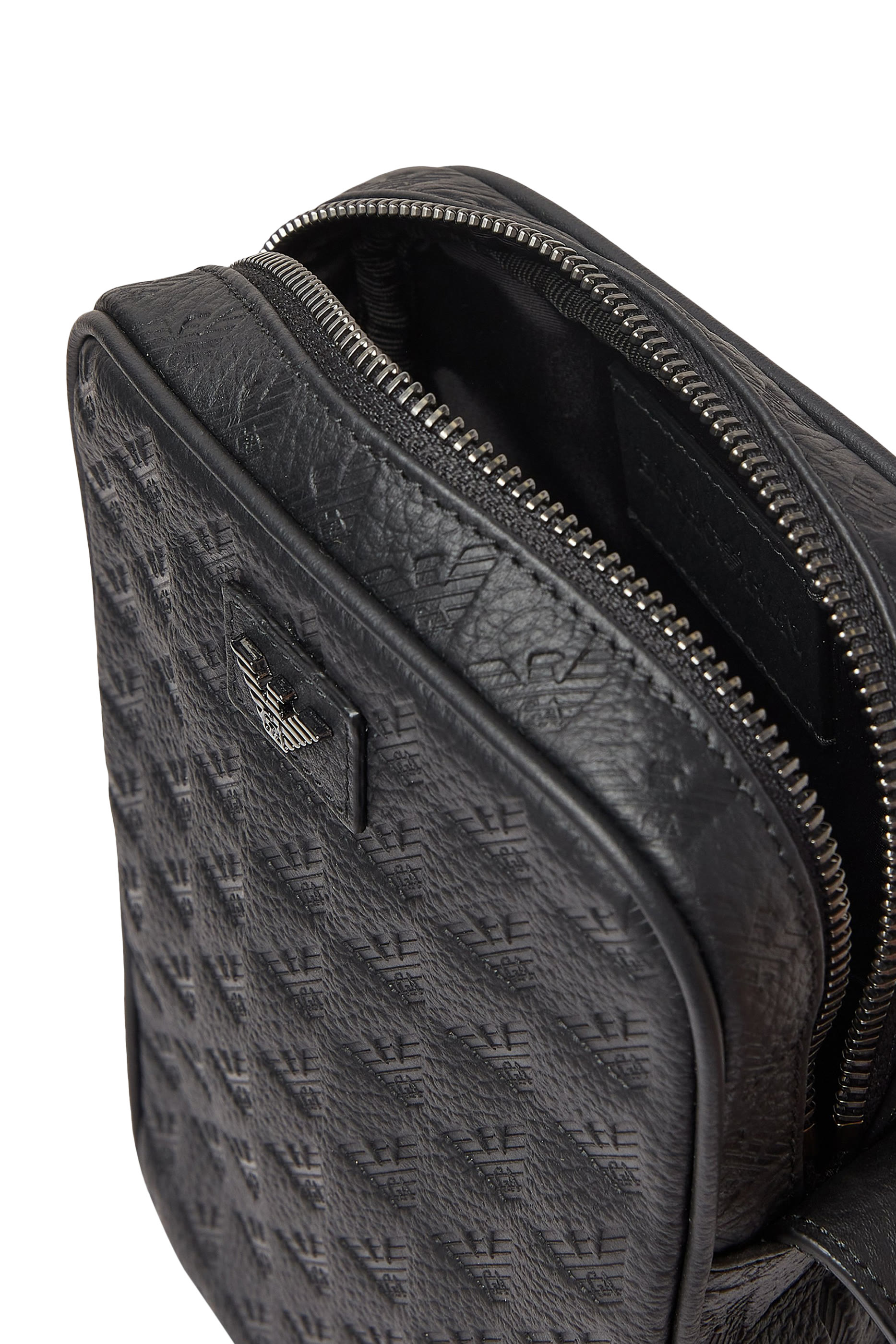 Flat Leather Shoulder Bag with All-Over Embossed Eagle