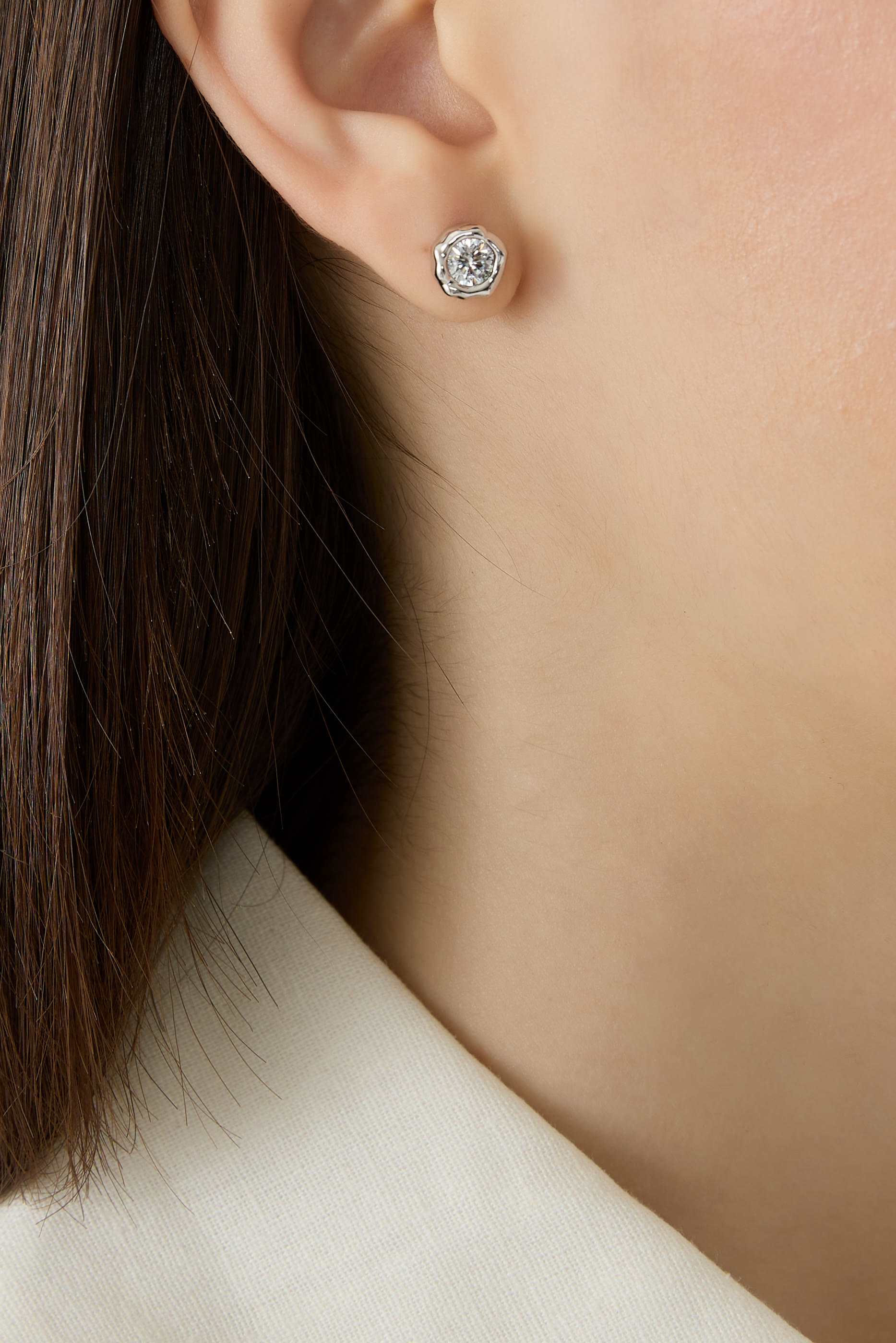 Asterales Molten Bezel Stud Earrings, Rhodium Tone Plated Brass Metalwork with Cubic Zirconia