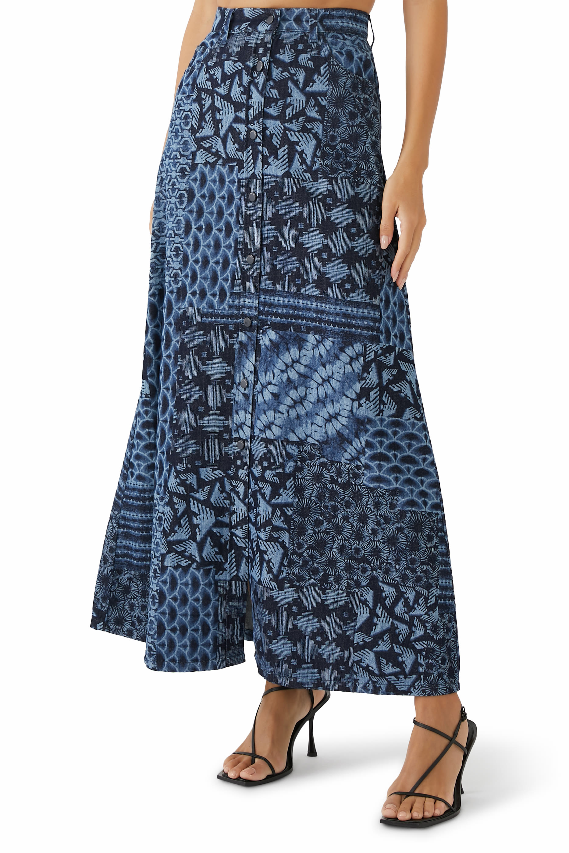 All-Over Print Cotton Denim Skirt