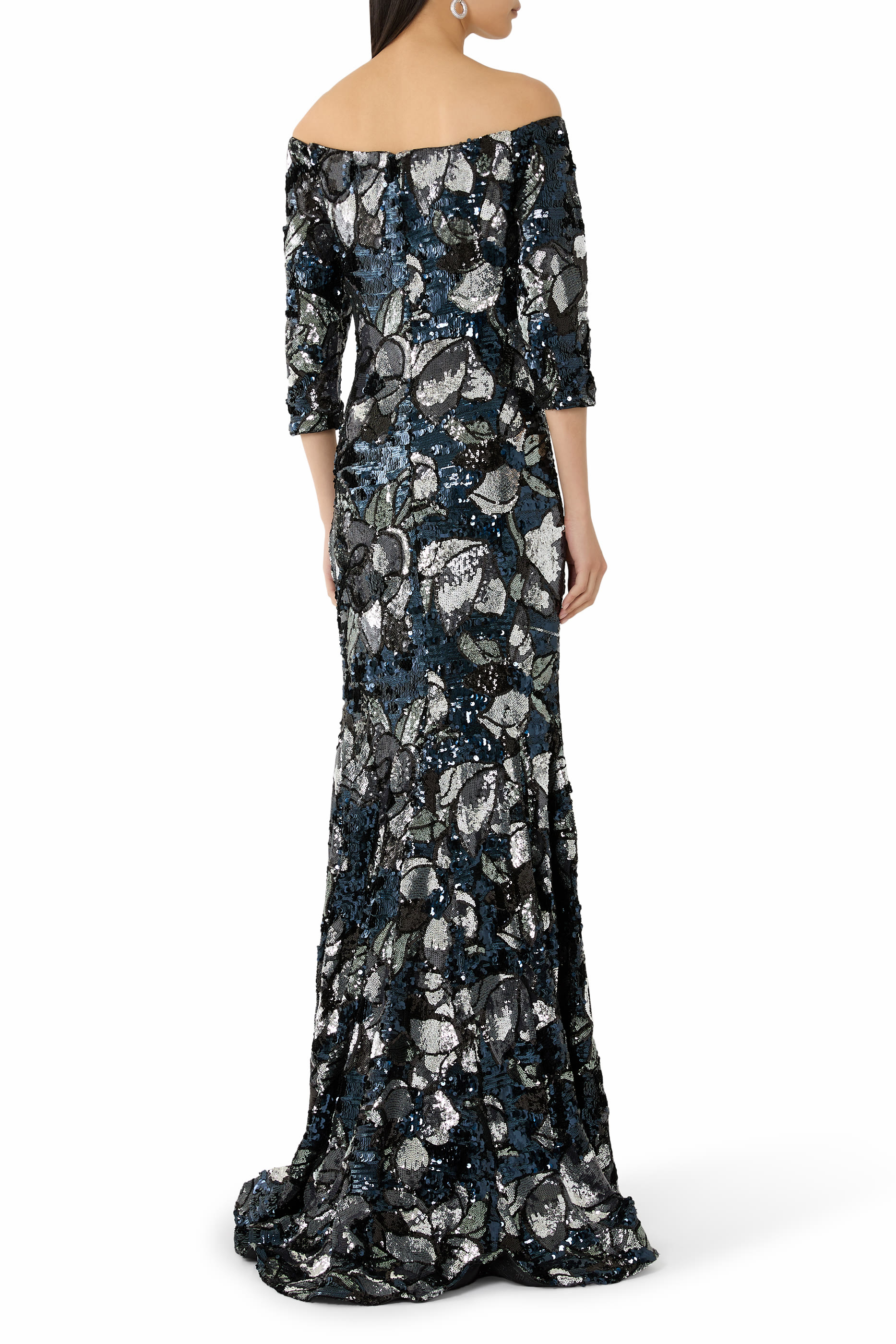 Off-Shoulder Sequin Floral Gown