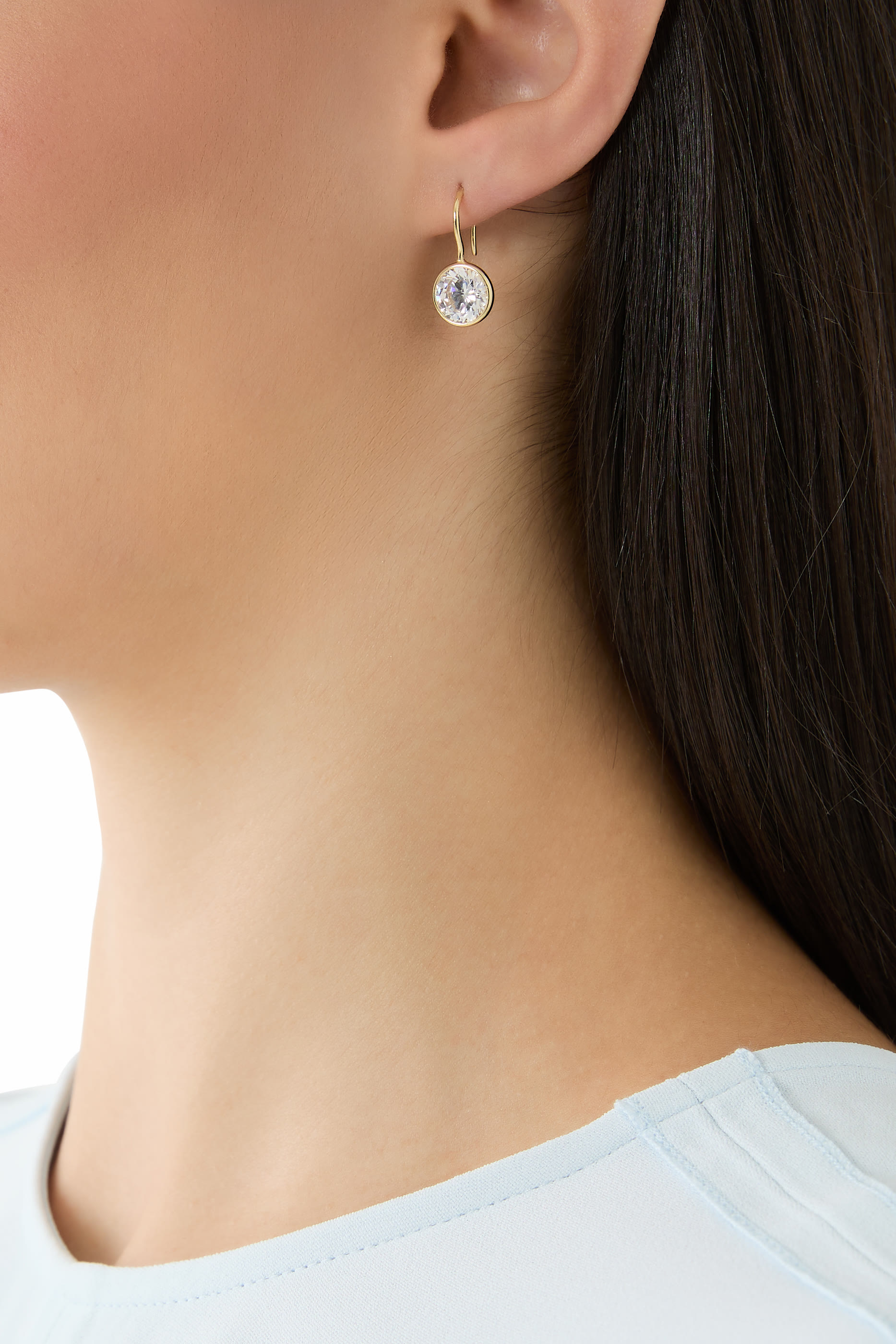  Bezel French Hook Earrings, 14k Vermeil on Sterling Silver & Cubic Zirconia