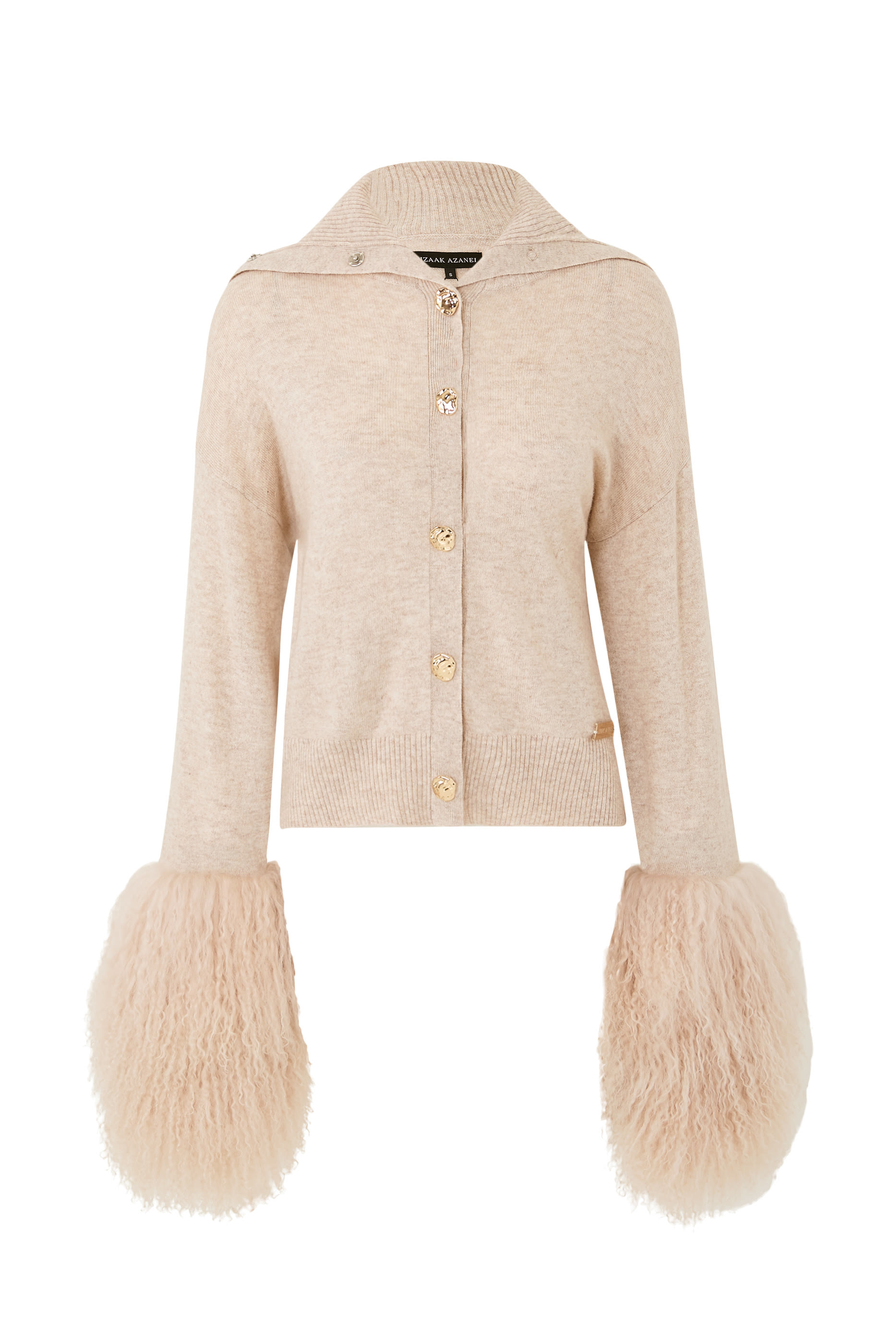 High-Neck Shearling-Cuff Cardigan