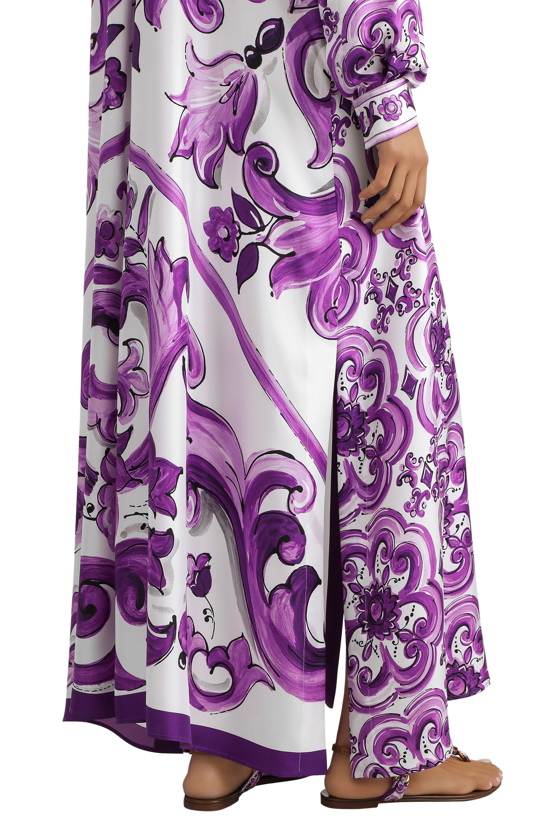 Majolica-Print Long Twill Shirt Dress