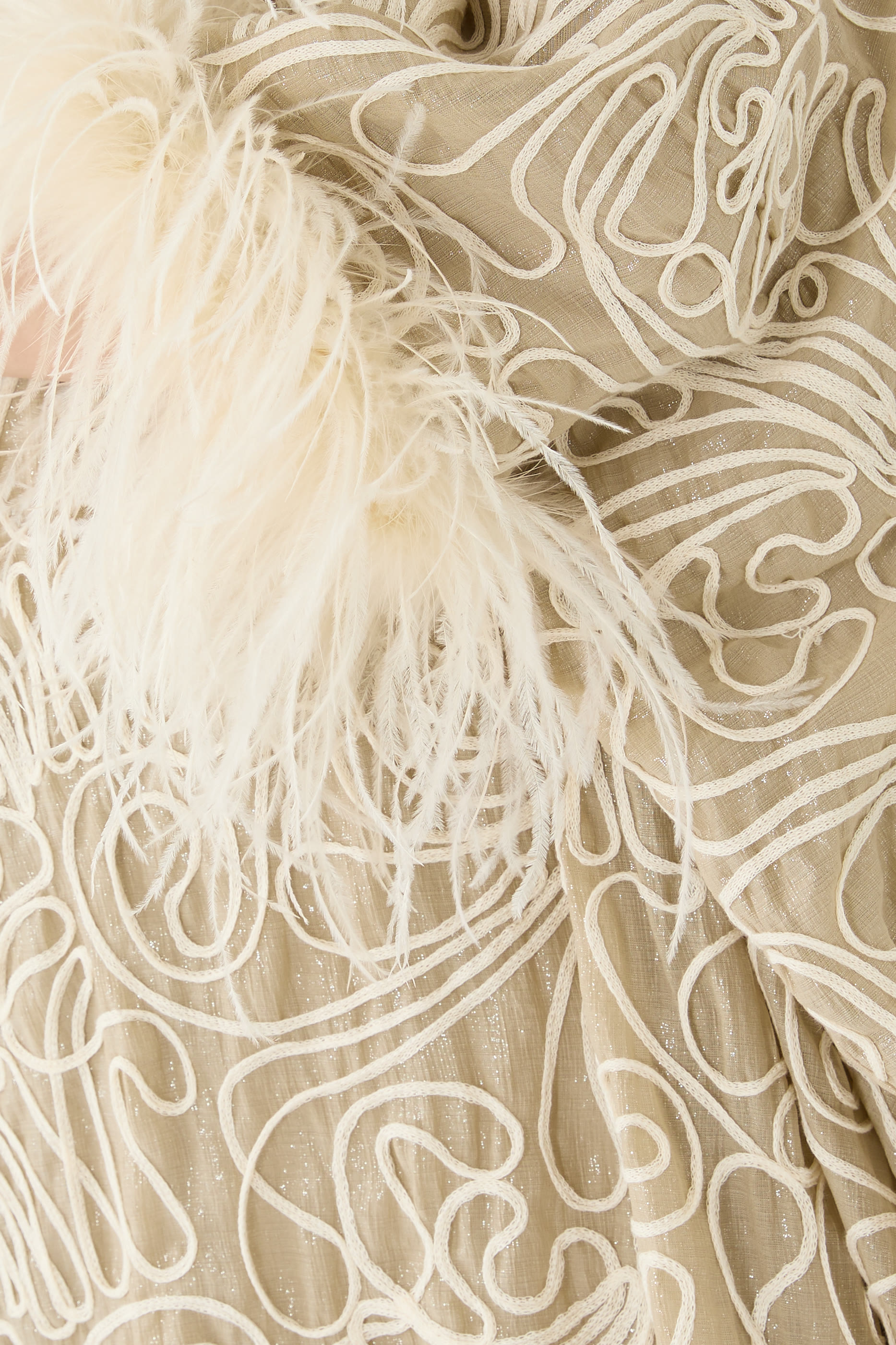 Abstract Embroidery Cocoon Dress with Feathers