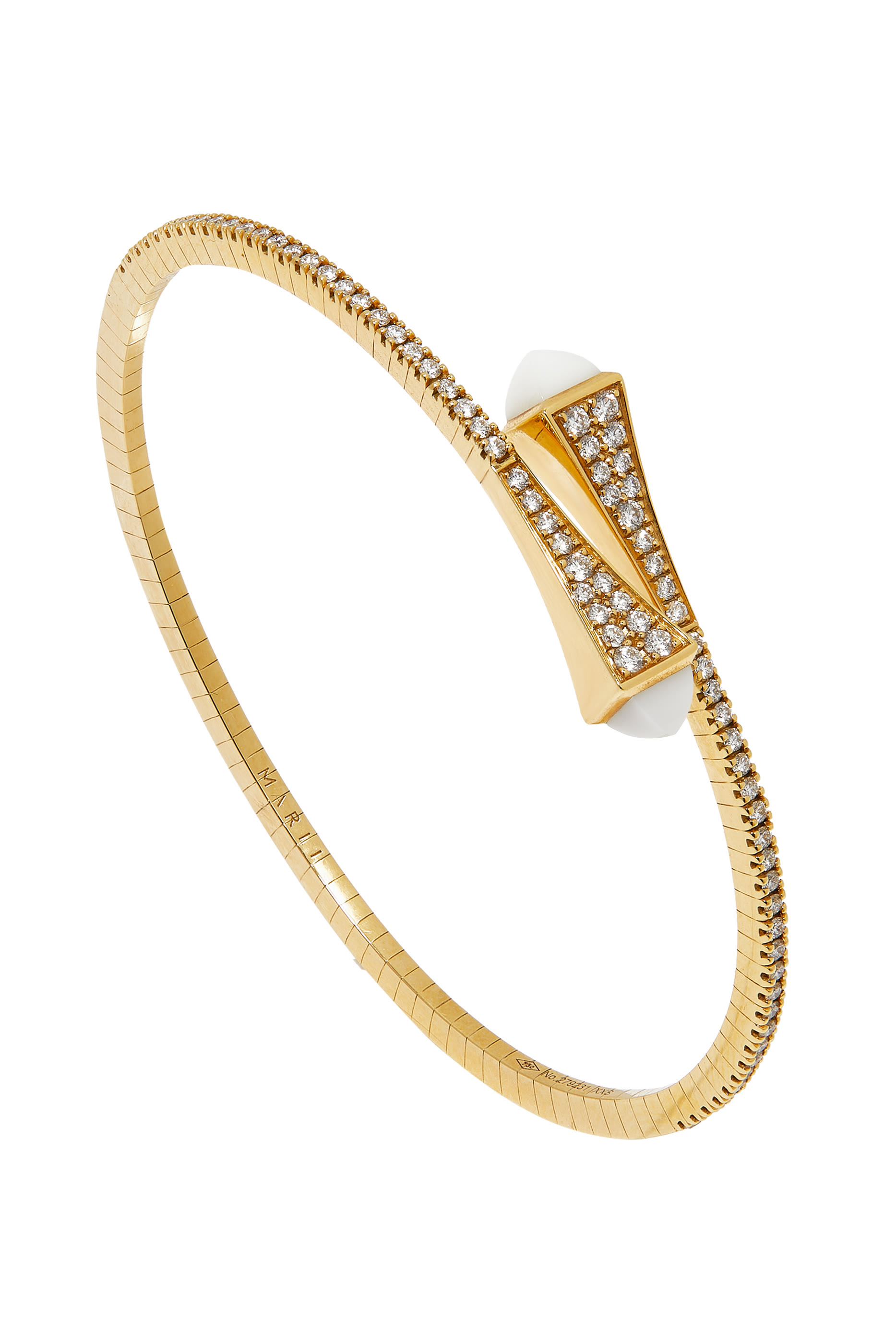 Cleo Slim Bangle, 18k Yellow Gold with White Agate & Diamonds