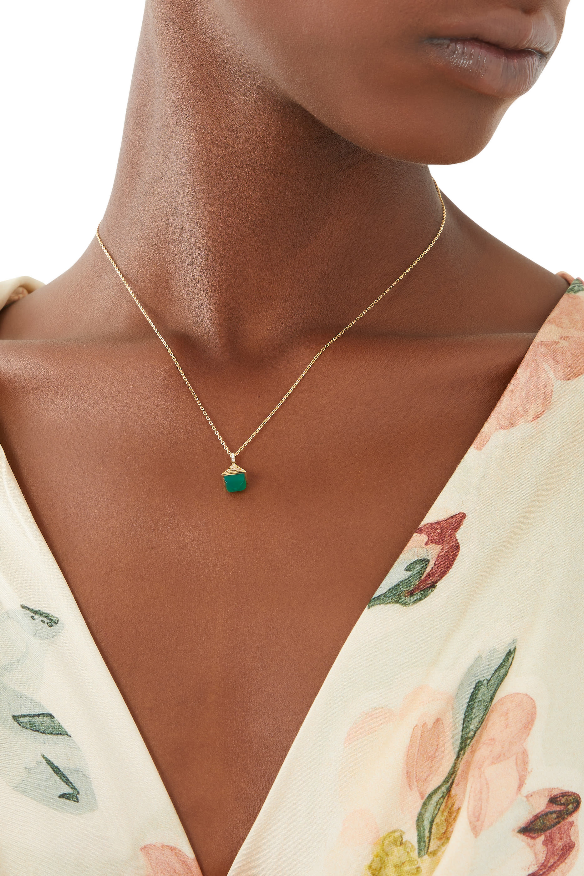 Cleo Mini Rev Necklace, 18K Yellow Gold with Green Agate & Diamonds