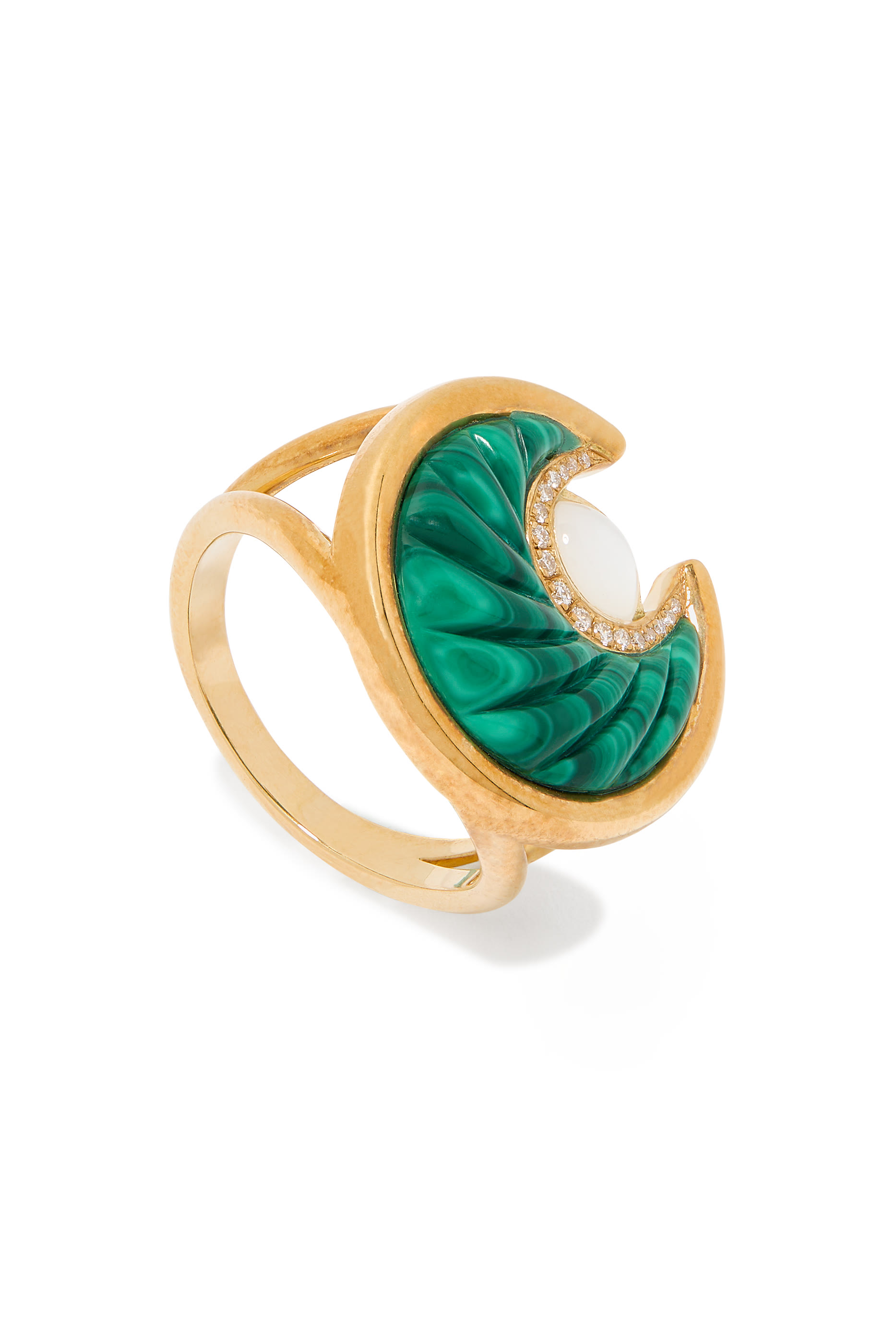 Circus Moon Ring, 18k Yellow Gold with Diamonds, Malachite & Mother of Pearl