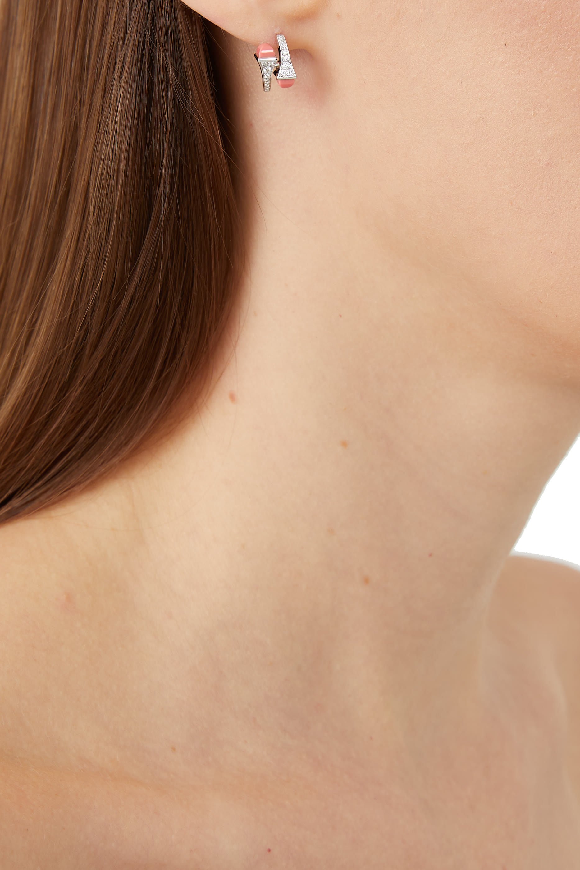 Cleo Huggie Earrings, 18k White Gold with Pink Coral & Diamonds