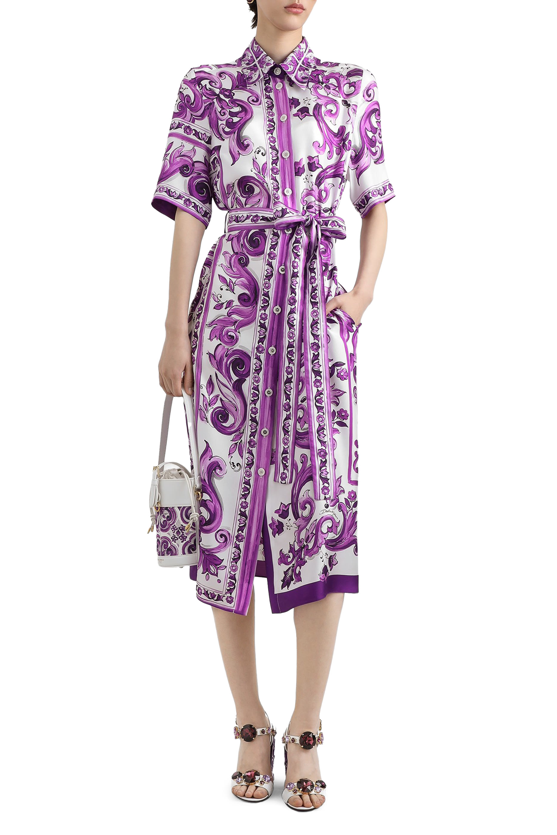 Majolica-Print Twill Shirt Dress