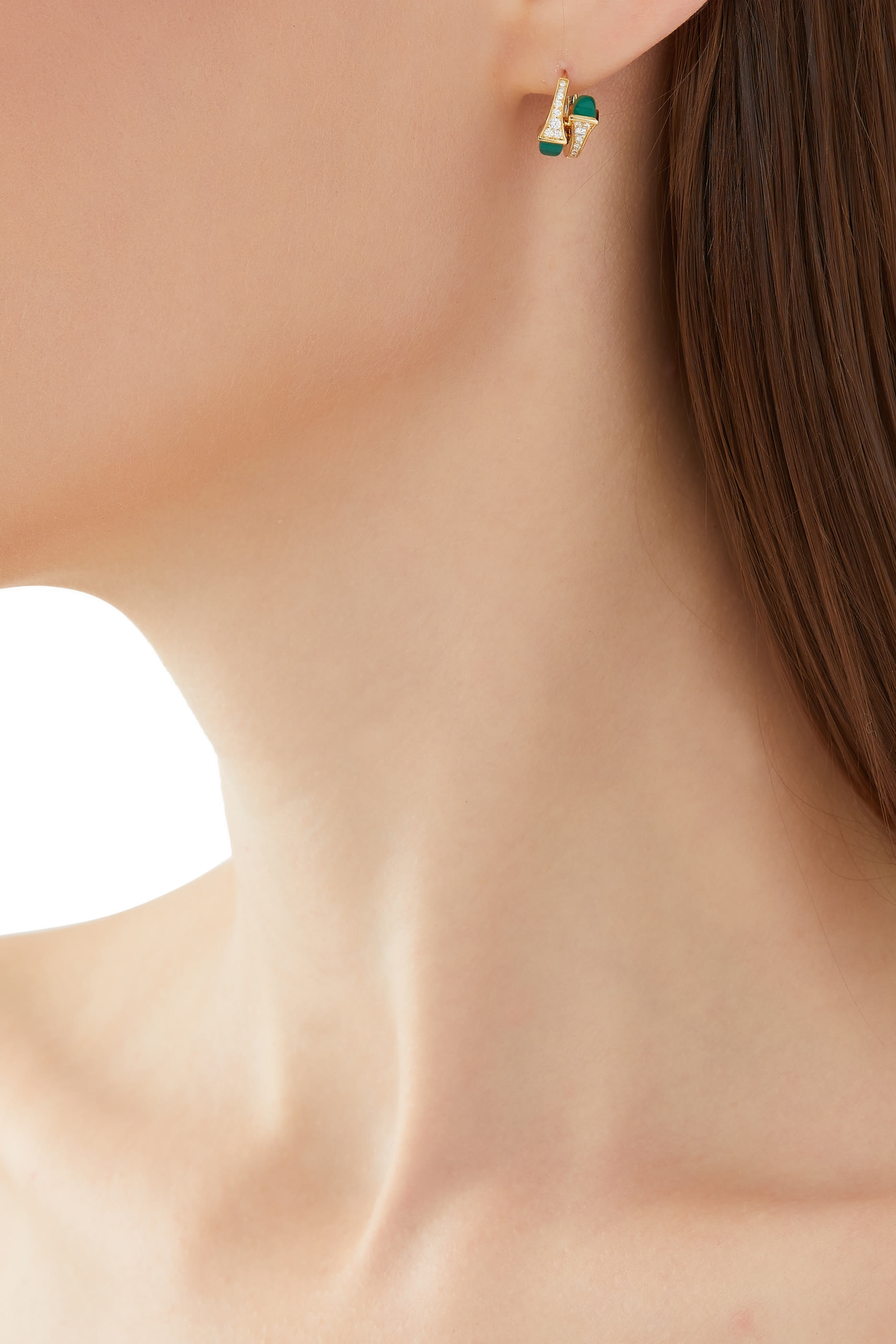 Cleo Huggie Earrings, 18k Yellow Gold with Green Agate & Diamonds