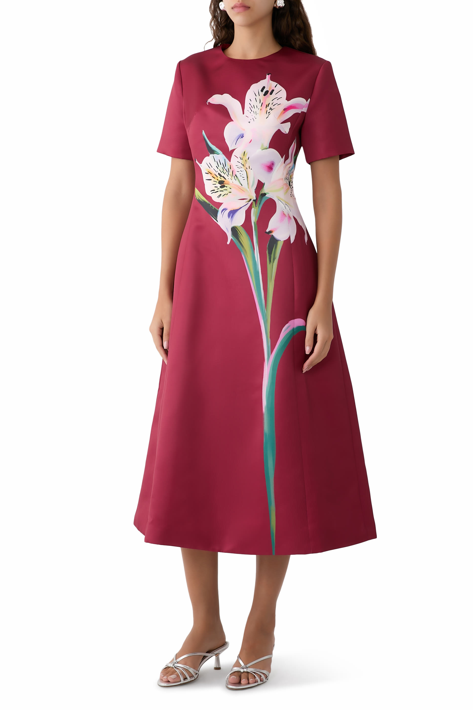 Caroline Short Sleeve Midi Dress - Lily Print in Burgundy