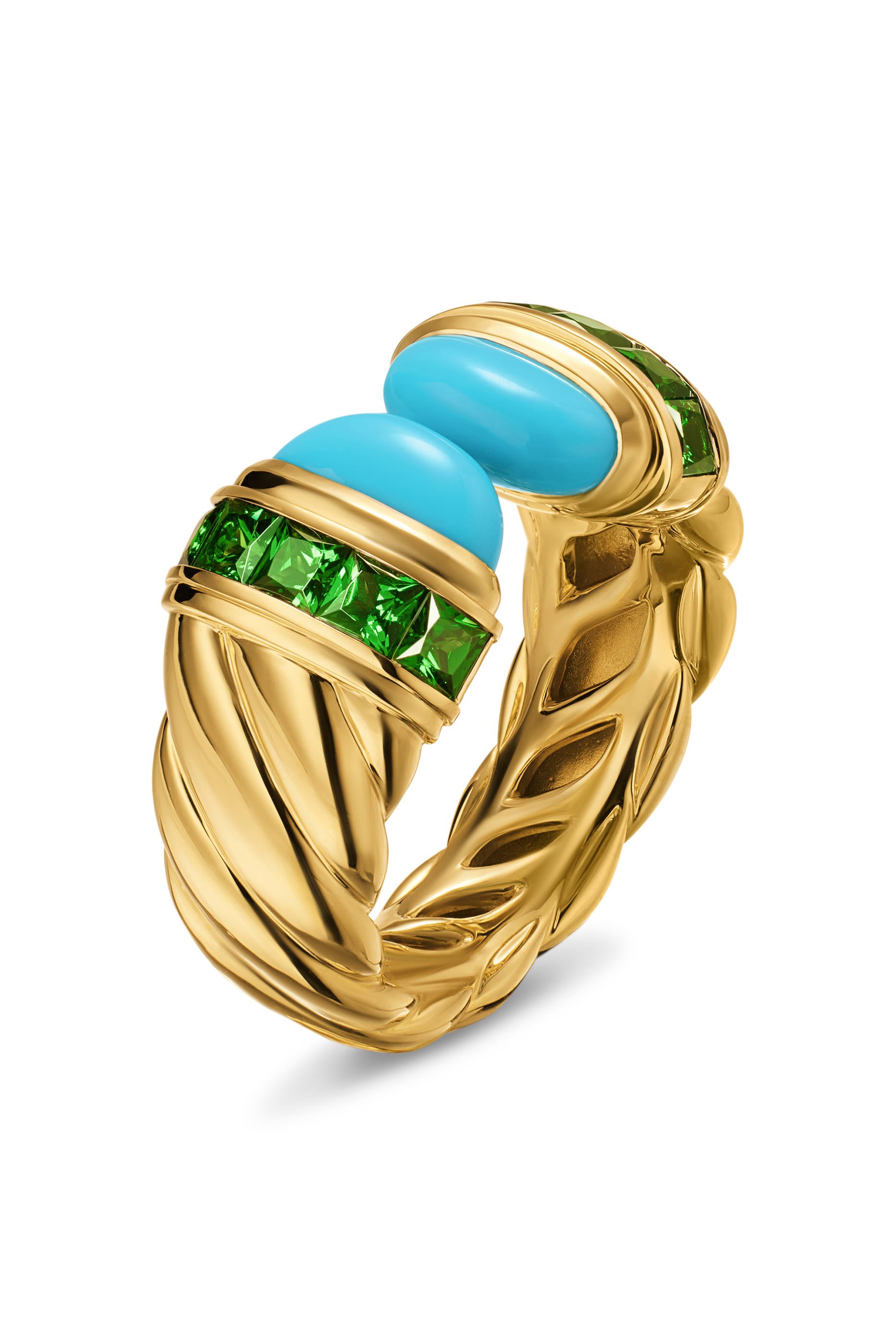  Sculpted Cable Open Cocktail Ring, 18K Yellow Gold with Turquoise & Tsavorites