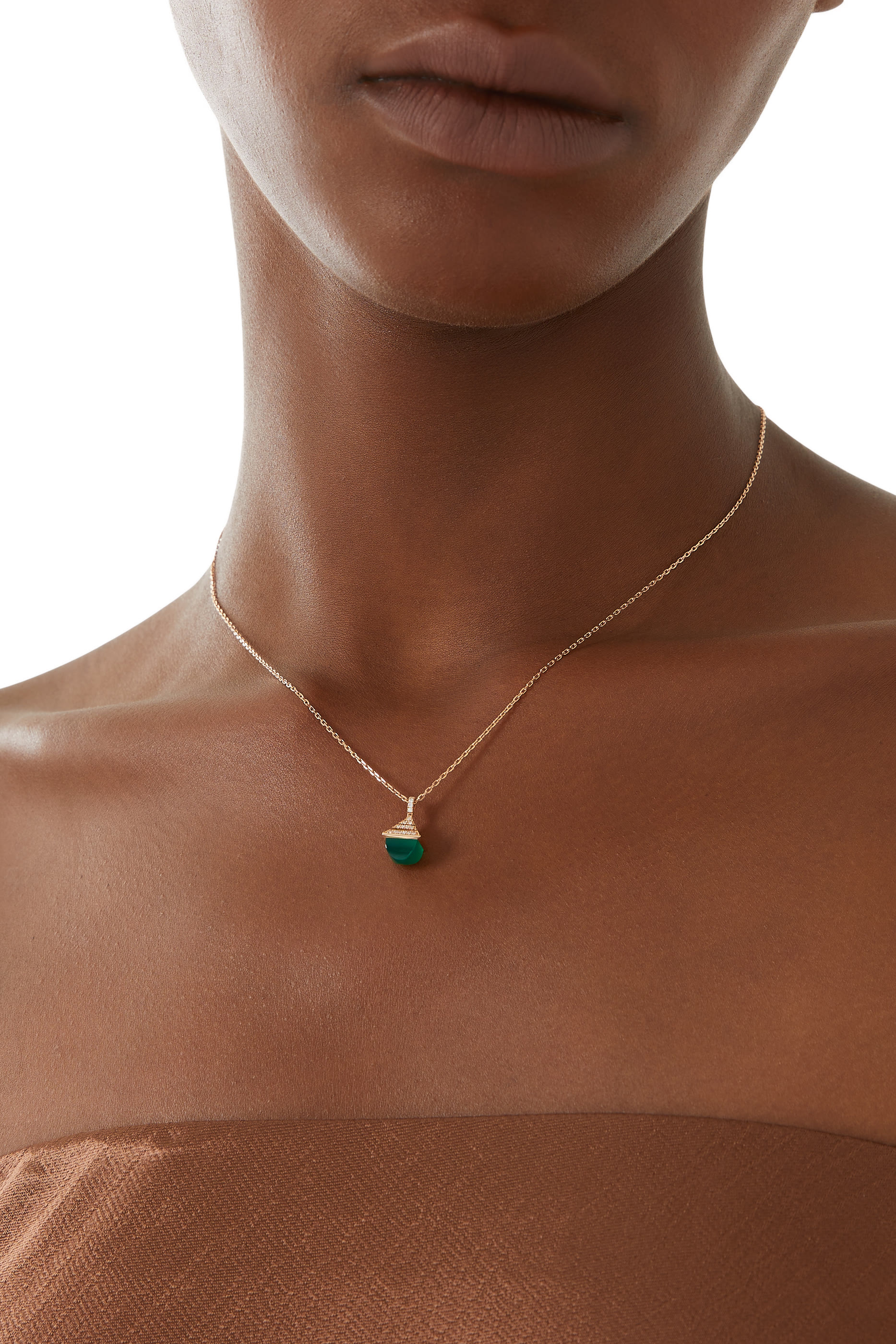 Cleo Mini Rev Pendant, 18k Rose Gold with  Green Agate & Diamonds