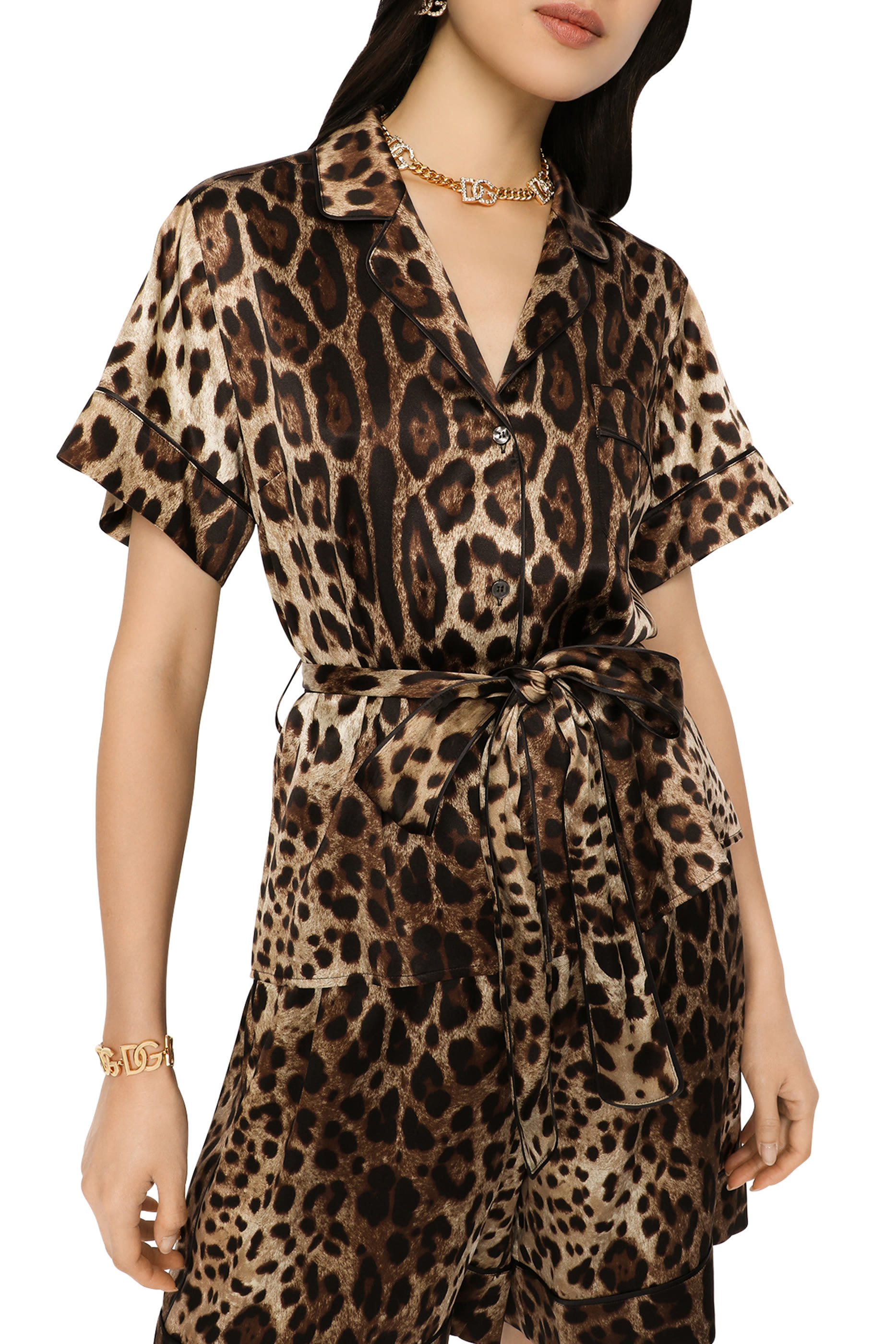 Leopard-Print Satin Pajama Shirt