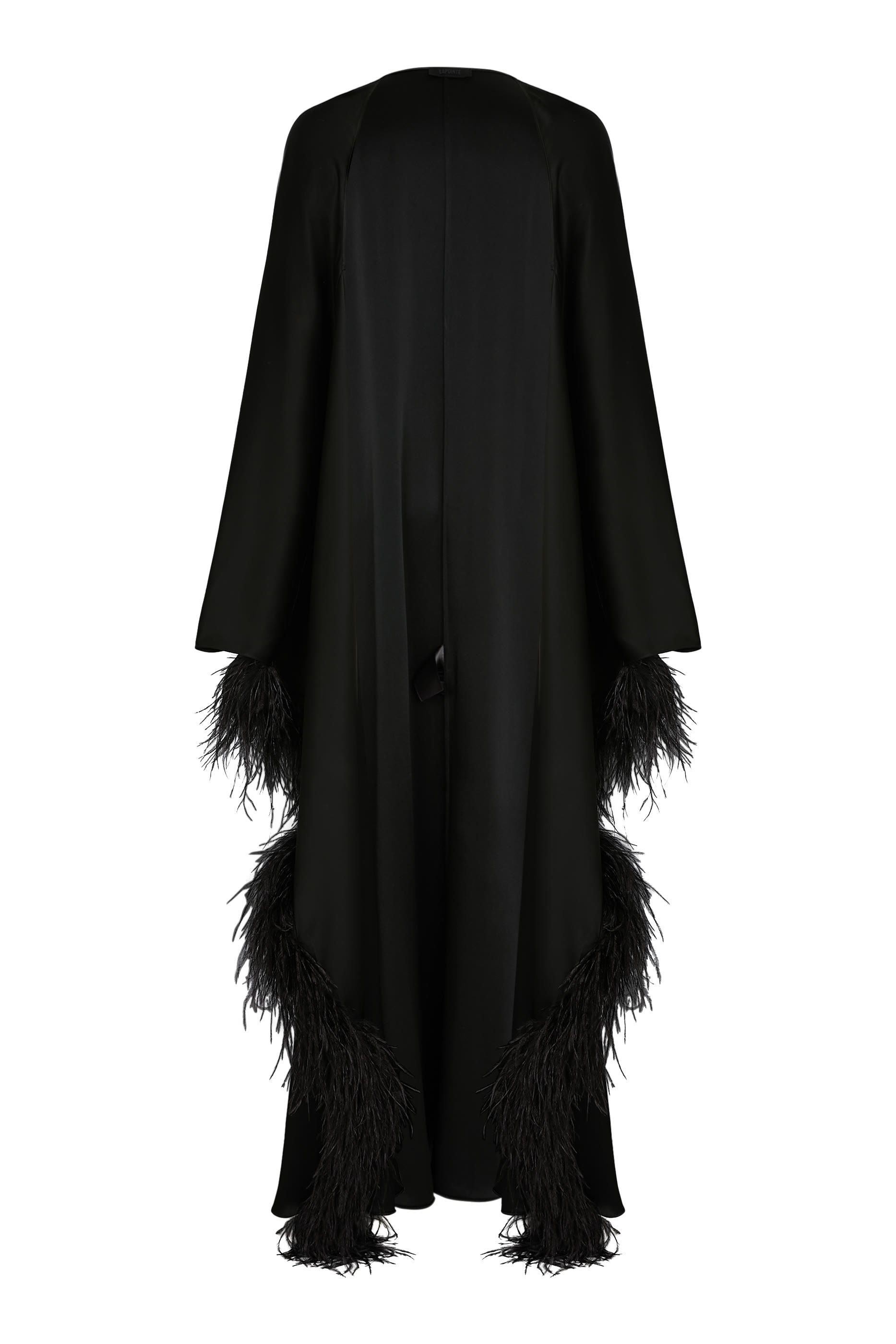 Feather Trim Long Sleeves Satin Caftan