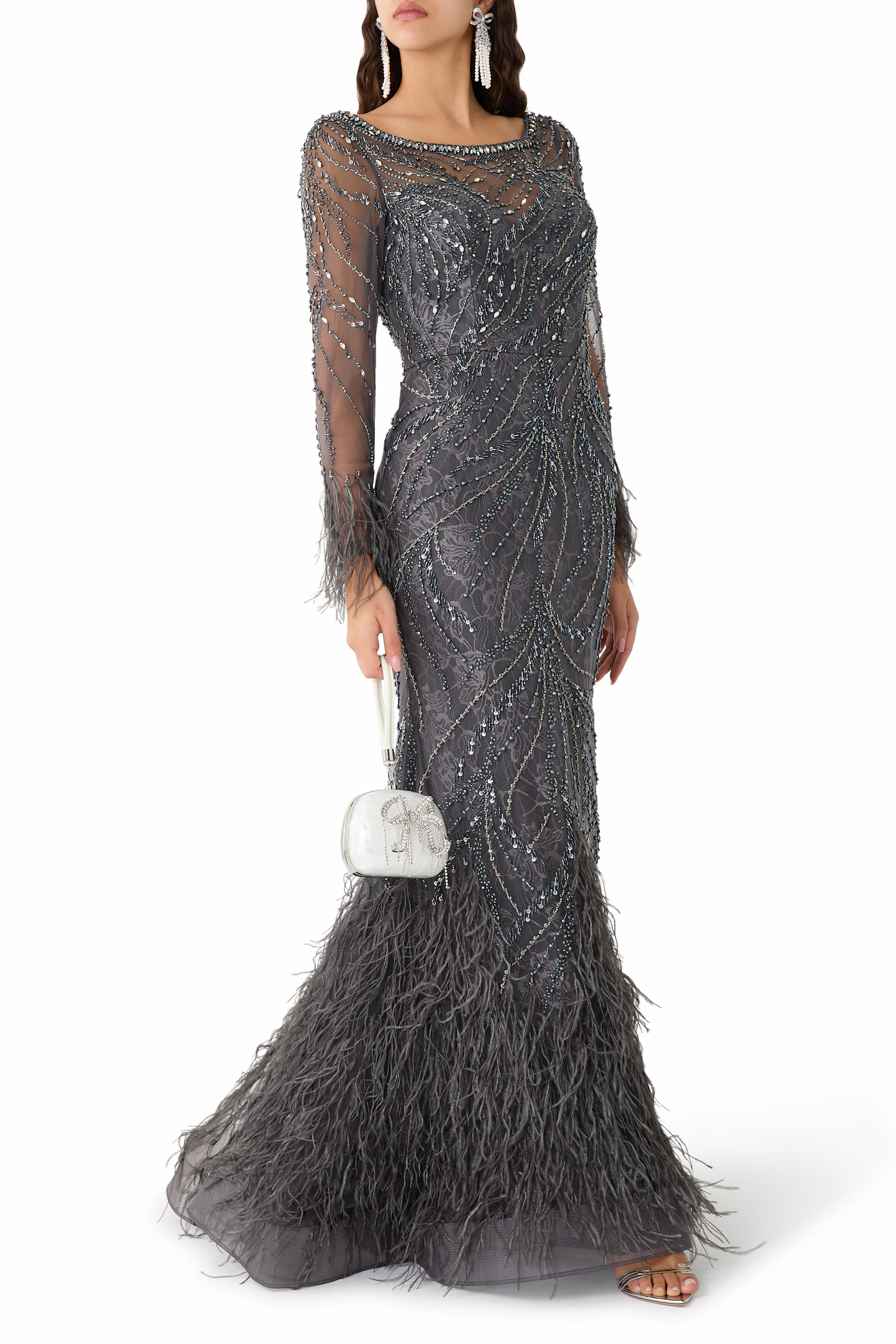 Embellished Long Sleeves Gown with Feathered Accents
