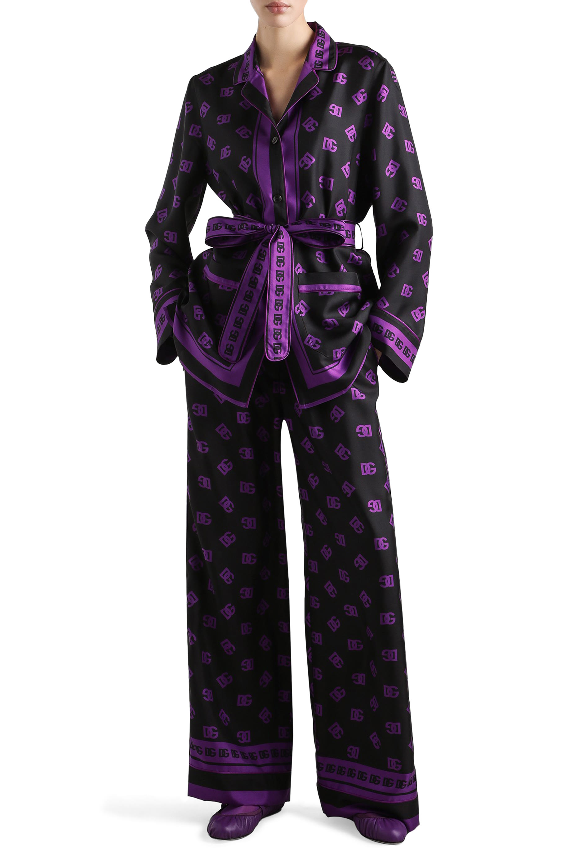 Silk Twill Pajama Shirt with All-Over DG Logo Scarf Print