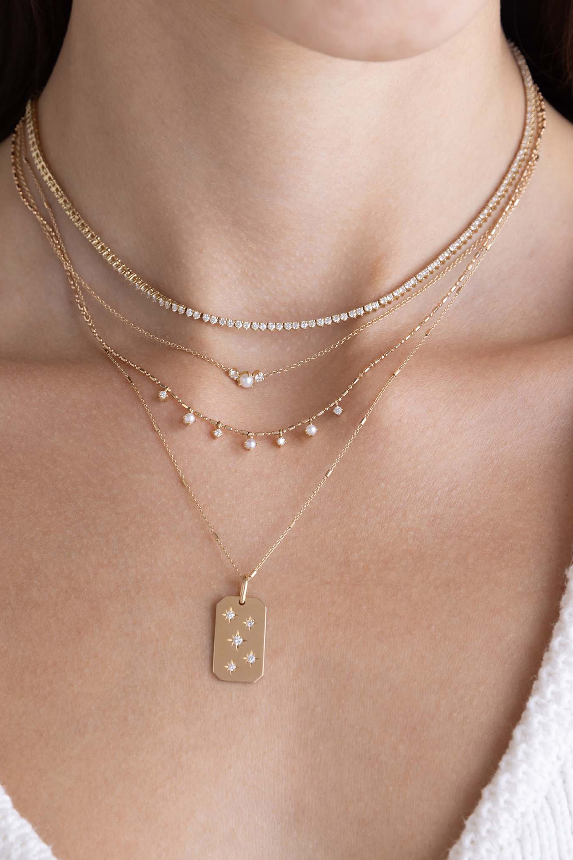   7 Dangling Prong Pearl & Diamond Tube Bar Chain Necklace, 14K Yellow Gold