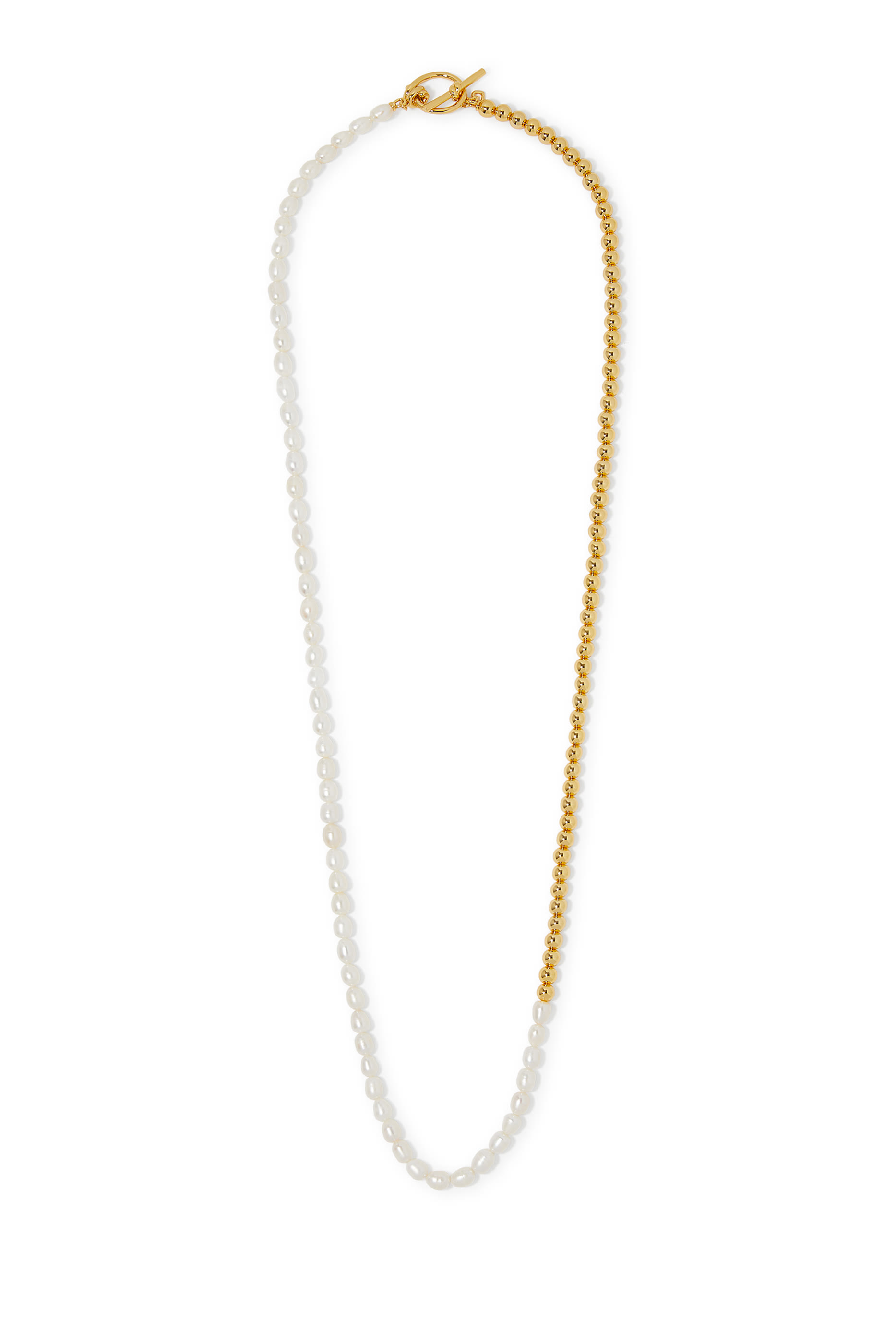 Two-Tone Long Necklace, Pearls & Metal