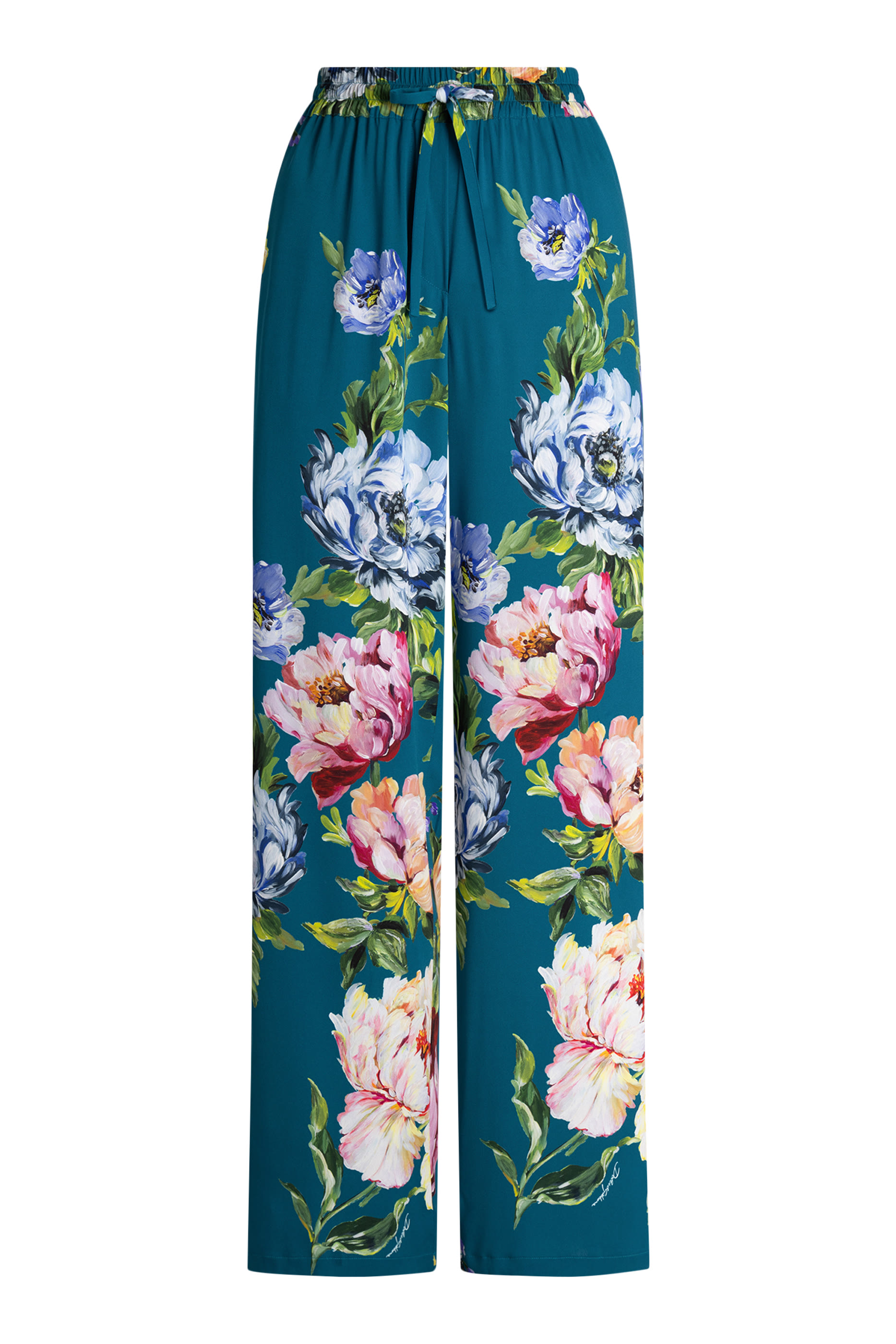 Peony-Print Silk Vanity Trousers
