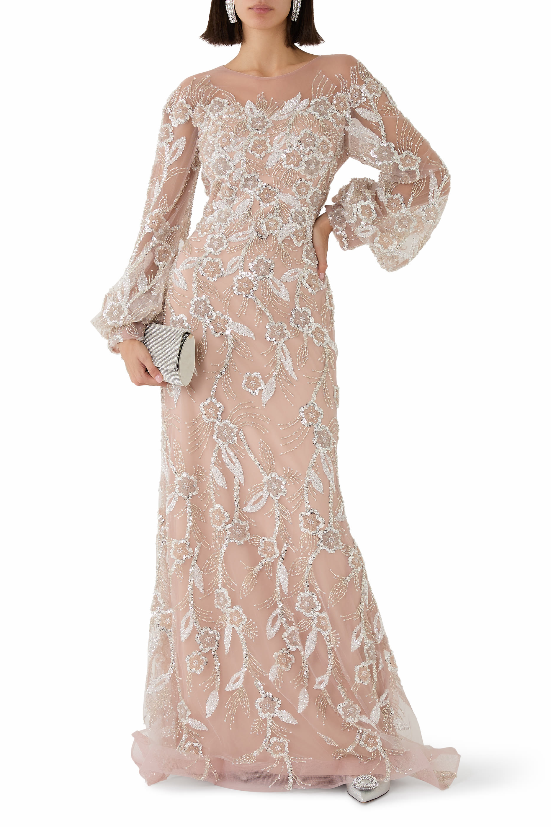 Puff Sleeves Beaded Gown