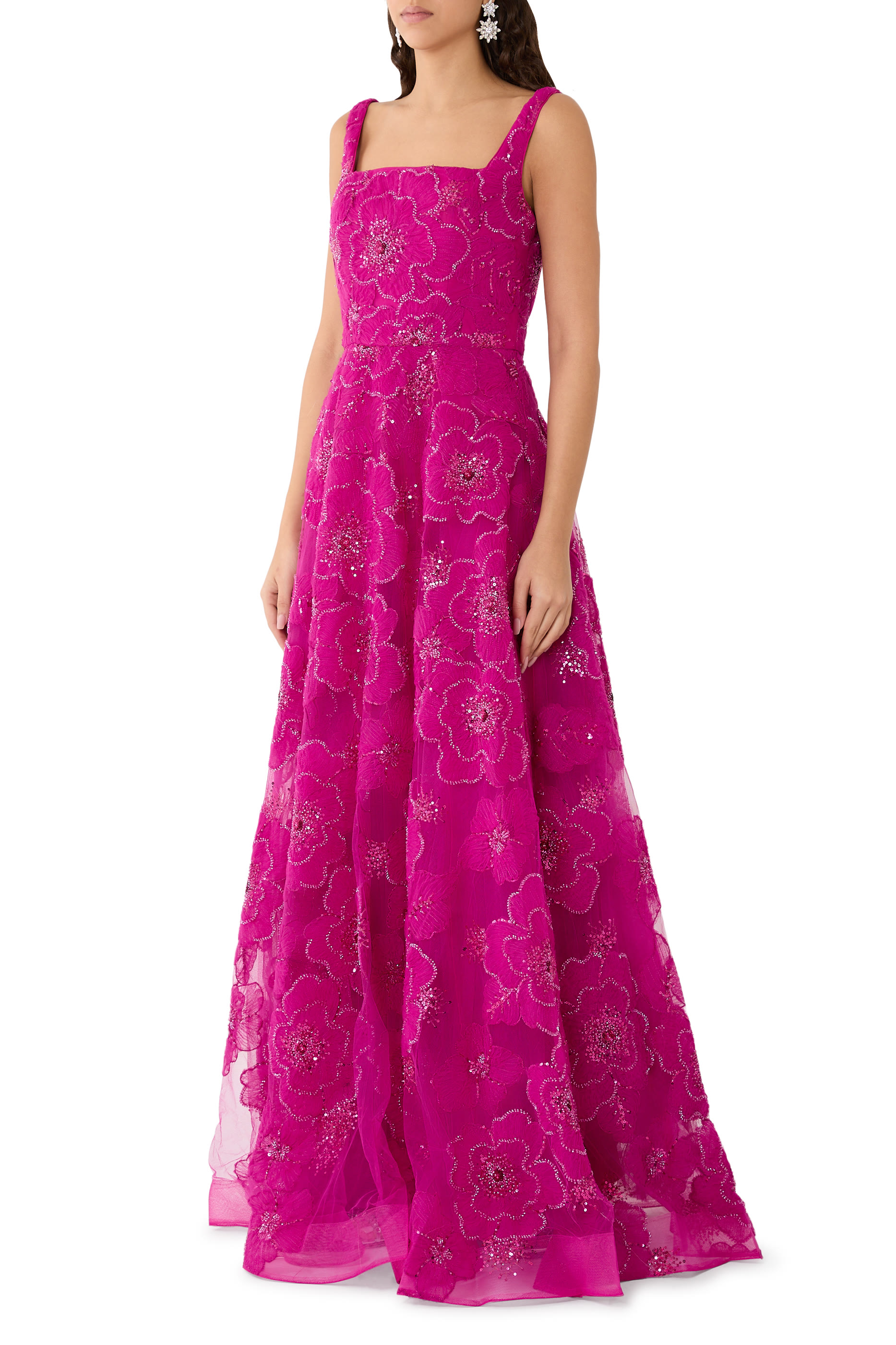 Floral Embellished Square Neck A-Line Gown